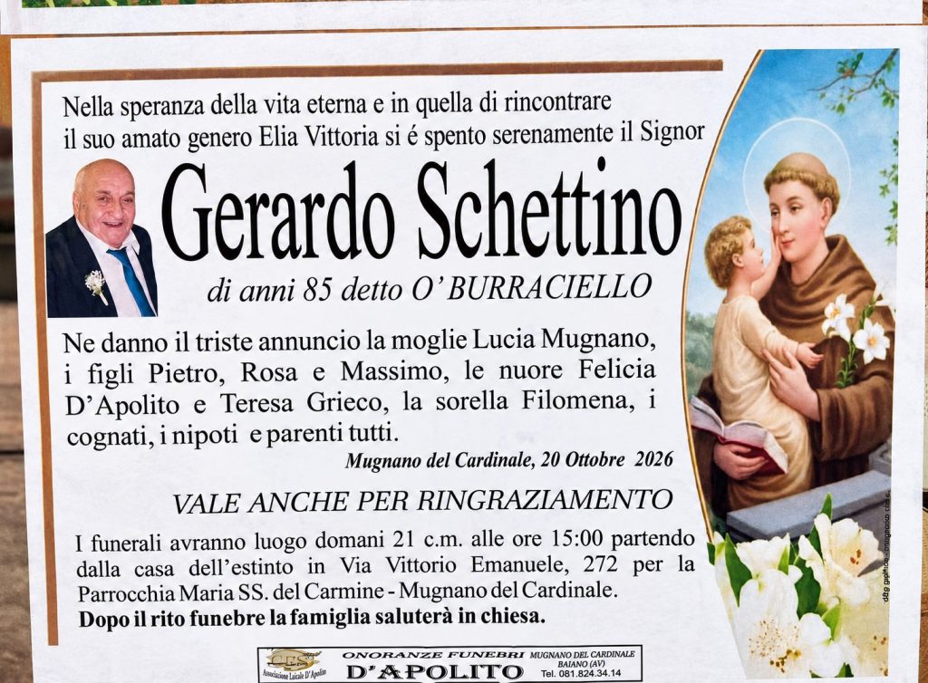 MUGNANO DEL CARDINALE – Lutto per la scomparsa di Gerardo Schettino, conosciuto come “O’ Burraciello” MUGNANO DEL CARDINALE – Lutto per la scomparsa di Gerardo Schettino, conosciuto come “O’ Burraciello”