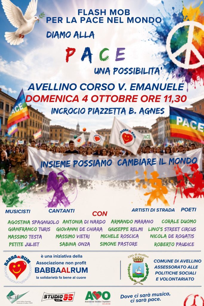 Avellino, “Diamo alla Pace una Possibilità”: domenica 4 ottobre il flash mob tra musica e arte Avellino, “Diamo alla Pace una Possibilità”: domenica 4 ottobre il flash mob tra musica e arte