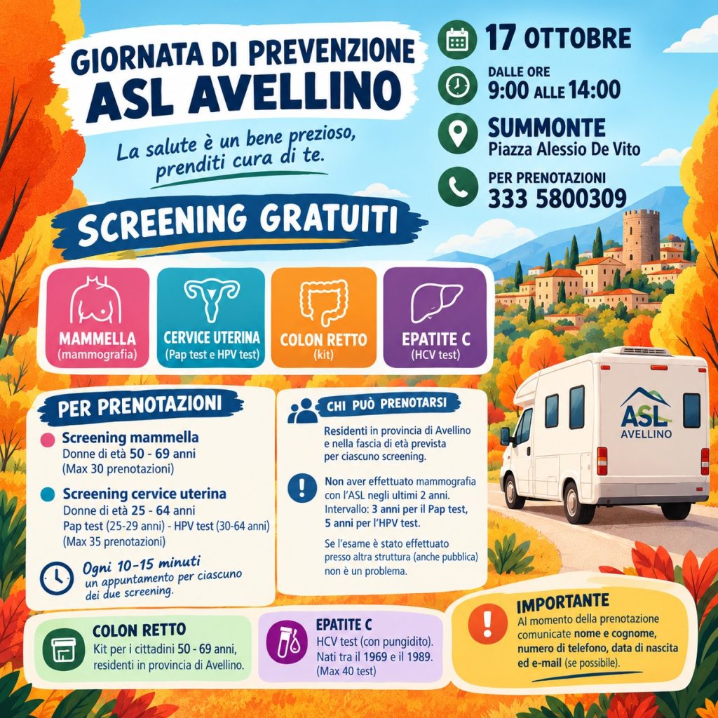Giornata di prevenzione ASL Avellino a Summonte: screening gratuiti “La salute è un ben prezioso, prenditi cura di te” Giornata di prevenzione ASL Avellino a Summonte: screening gratuiti “La salute è un ben prezioso, prenditi cura di te”