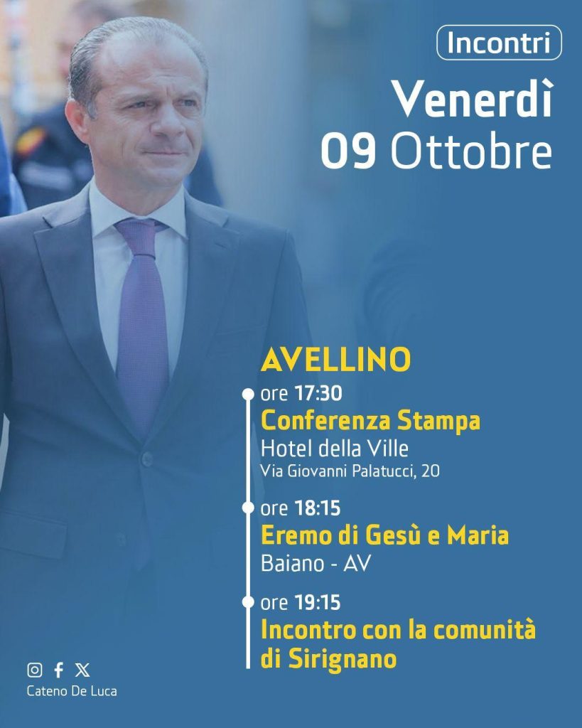 Cateno De Luca in Irpinia il 9 ottobre: conferenza stampa ad Avellino e tappe a Baiano e Sirignano Cateno De Luca in Irpinia il 9 ottobre: conferenza stampa ad Avellino e tappe a Baiano e Sirignano